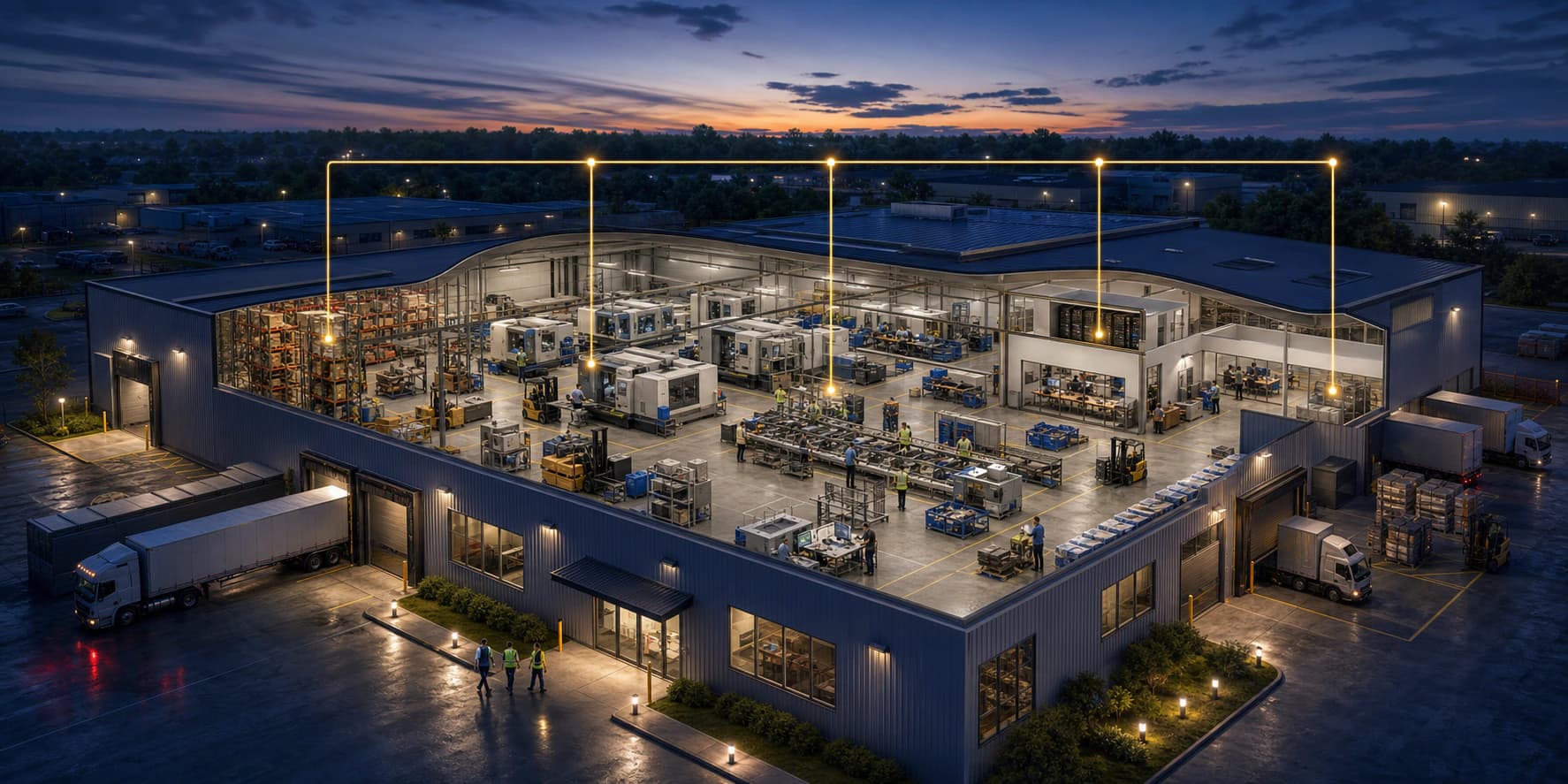 A working American manufacturing facility at blue hour with warehouse, production, quality, office, data, and shipping areas connected by one gold intelligence layer