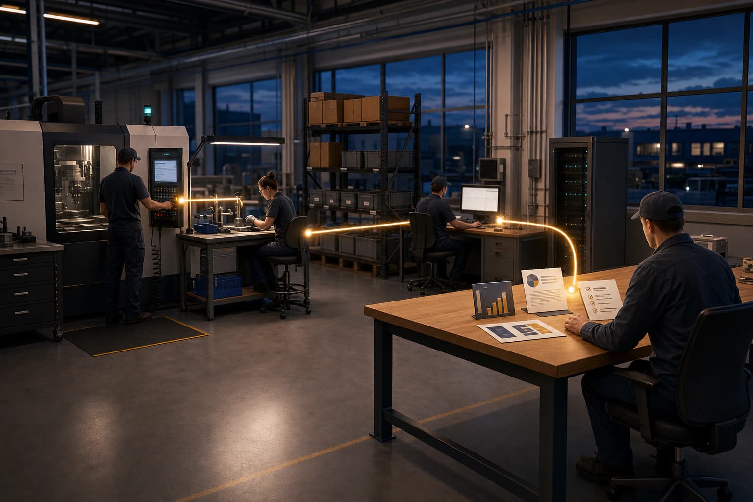 A manufacturing team uses its existing equipment and systems while one gold work path prepares reports, visuals, presentations, and review materials for a supervisor