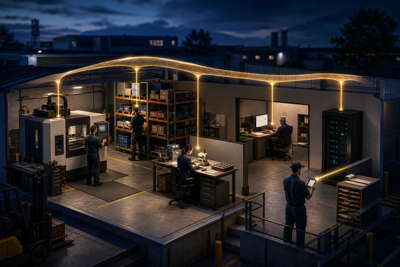 An active manufacturing operation keeps its machine, inventory, quality, office, server, documents, and mobile systems while a thin gold AI layer connects them